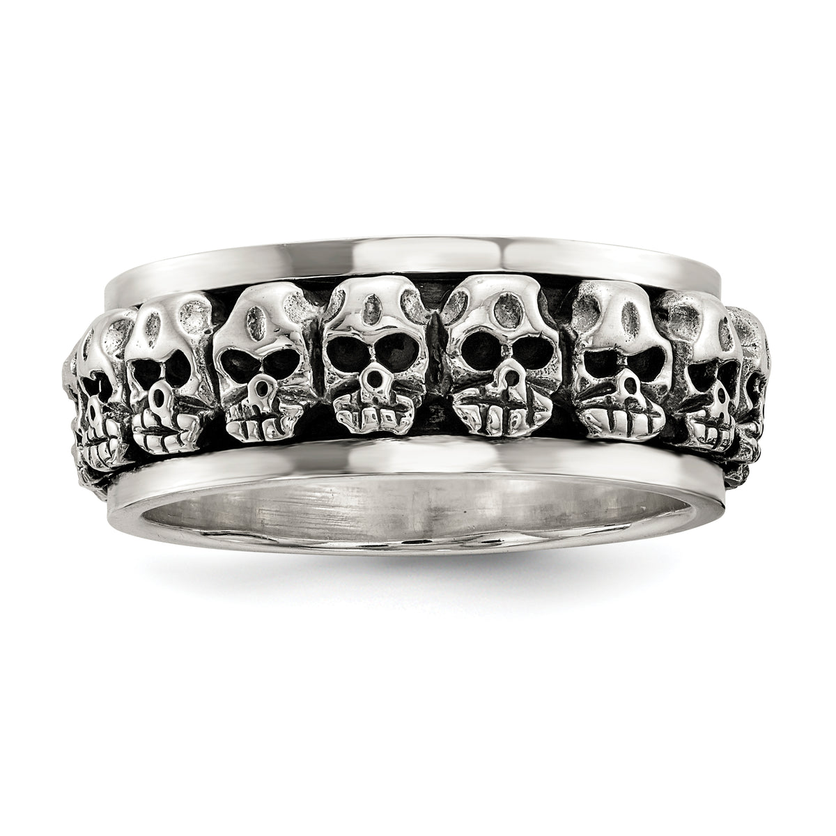 Sterling Silver Polished Spinning Center Antiqued Skull Ring