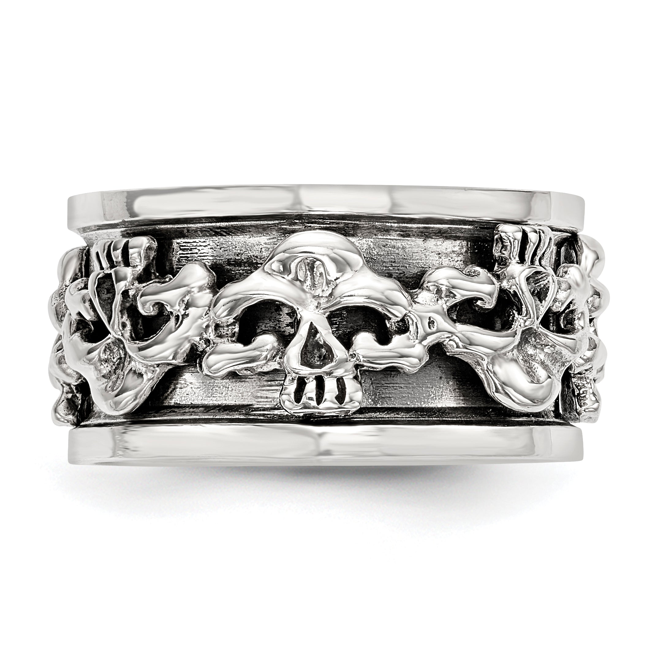 Sterling Silver Polished Spinning Center Antiqued Skull Ring