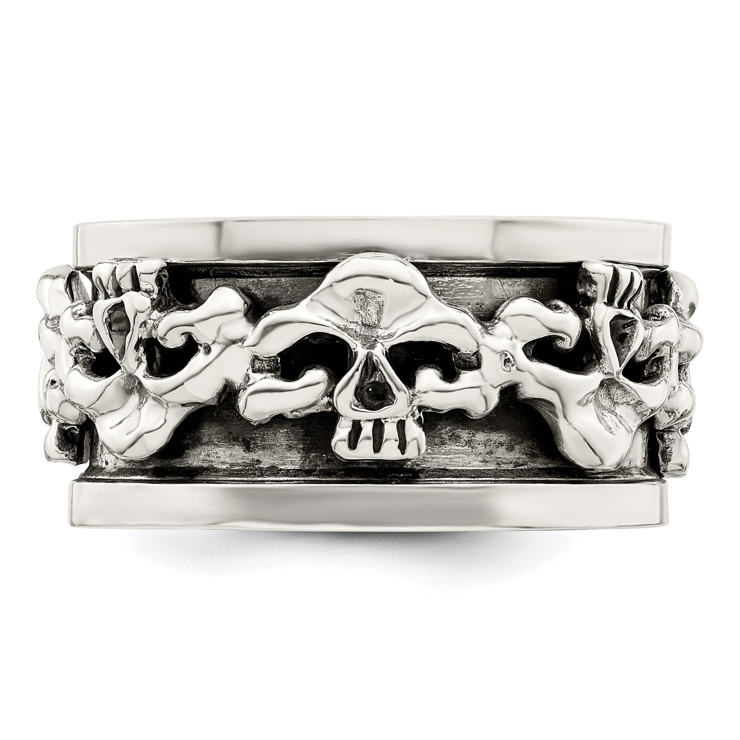 Sterling Silver Polished Spinning Center Antiqued Skull Ring