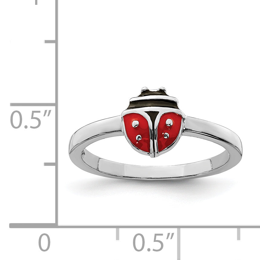 Sterling Silver Rhod-plated Polished & Enameled Ladybug Children's Ring