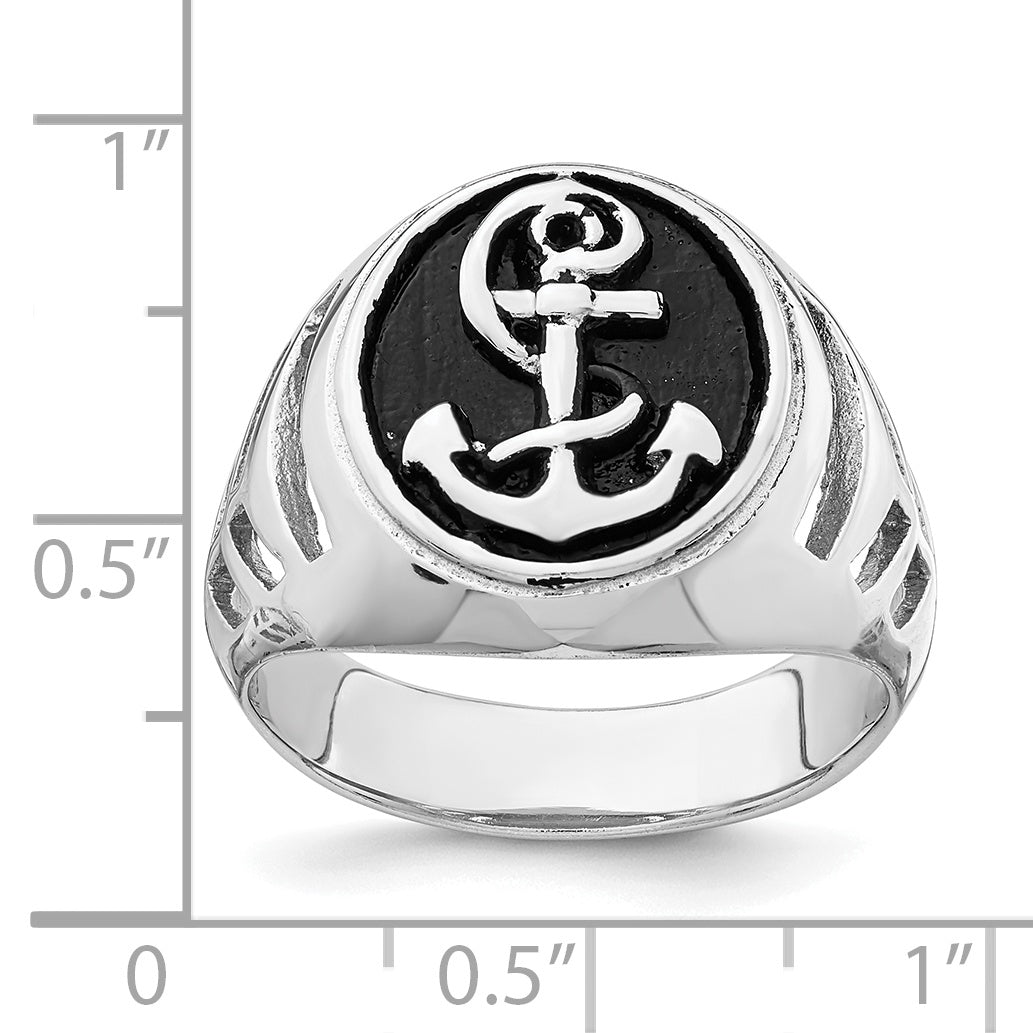 Sterling Silver Rhodium-plated & Antiqued Plated Anchor Ring