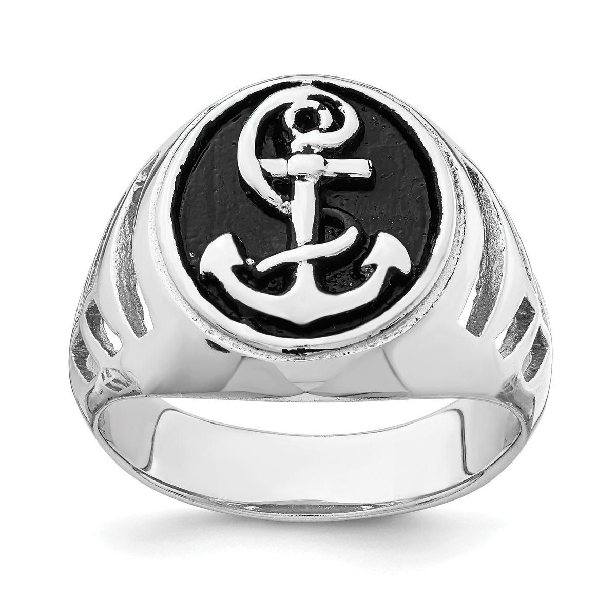 Sterling Silver Rhodium-plated & Antiqued Plated Anchor Ring