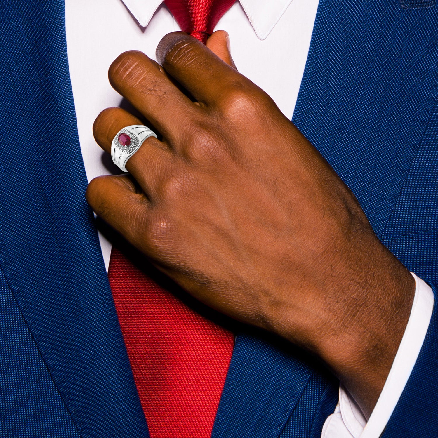 Sterling Silver Rhod-plated Men's African Ruby and White Topaz Ring