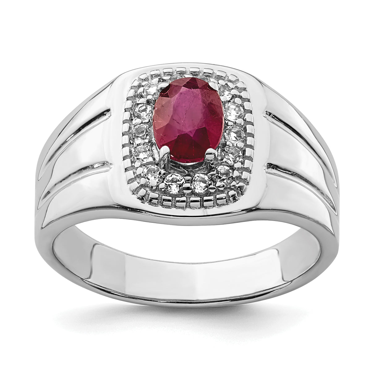 Sterling Silver Rhod-plated Men's African Ruby and White Topaz Ring