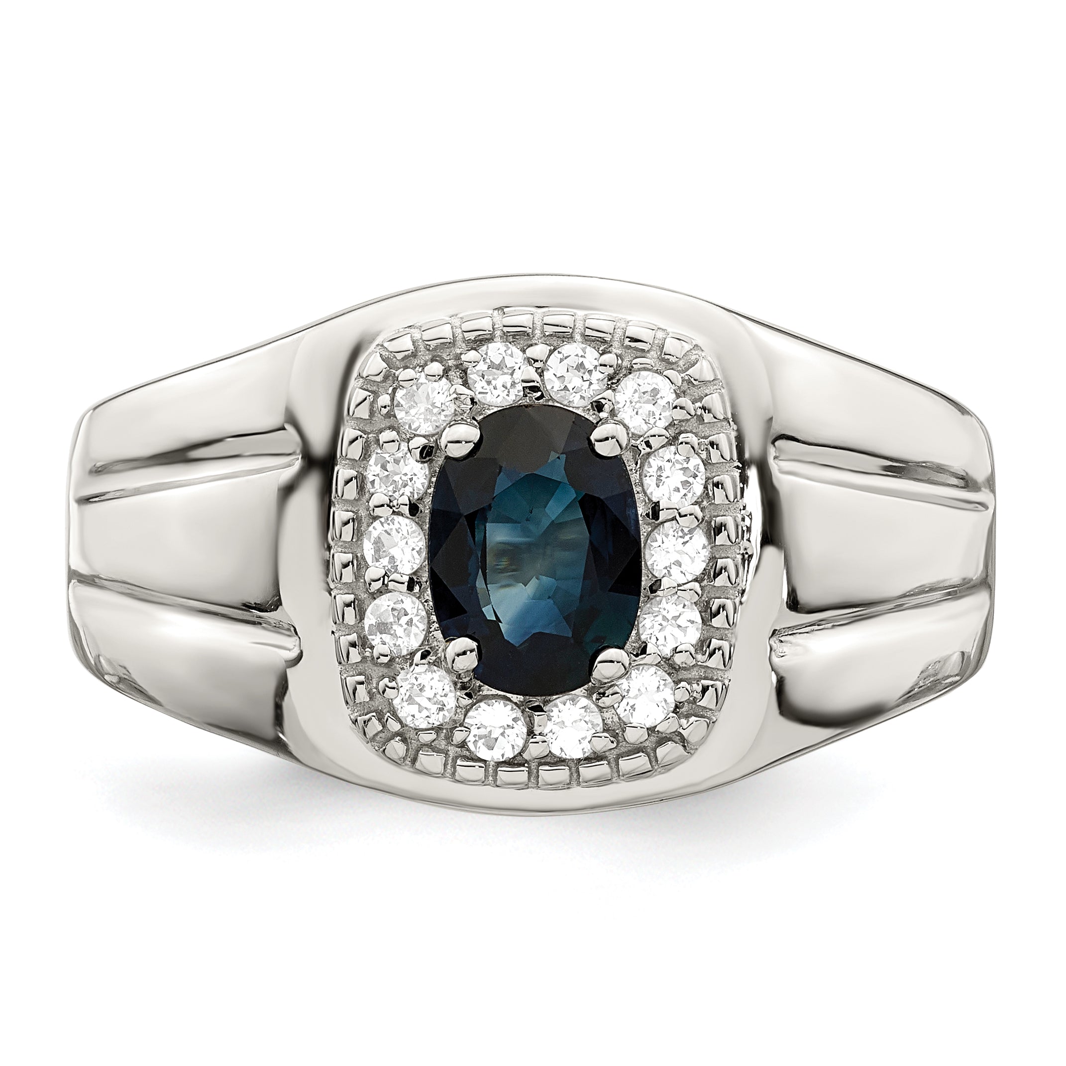 Sterling Silver Rhod-plated Men's Blue Sapphire and White Topaz Ring