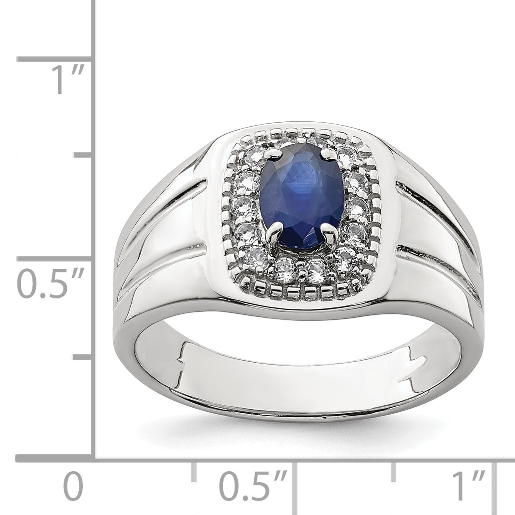 Sterling Silver Rhod-plated Men's Blue Sapphire and White Topaz Ring