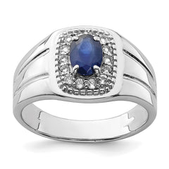 Sterling Silver Rhod-plated Men's Blue Sapphire and White Topaz Ring