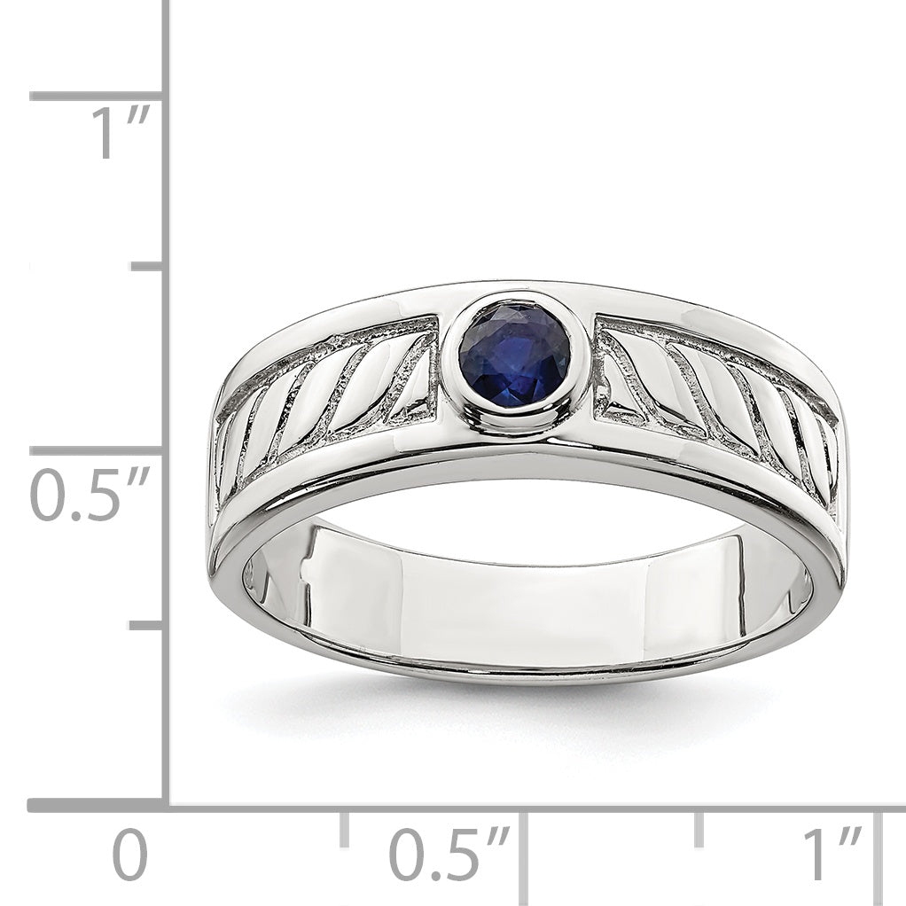 Sterling Silver Rhodium-plated Men's Blue Sapphire Ring