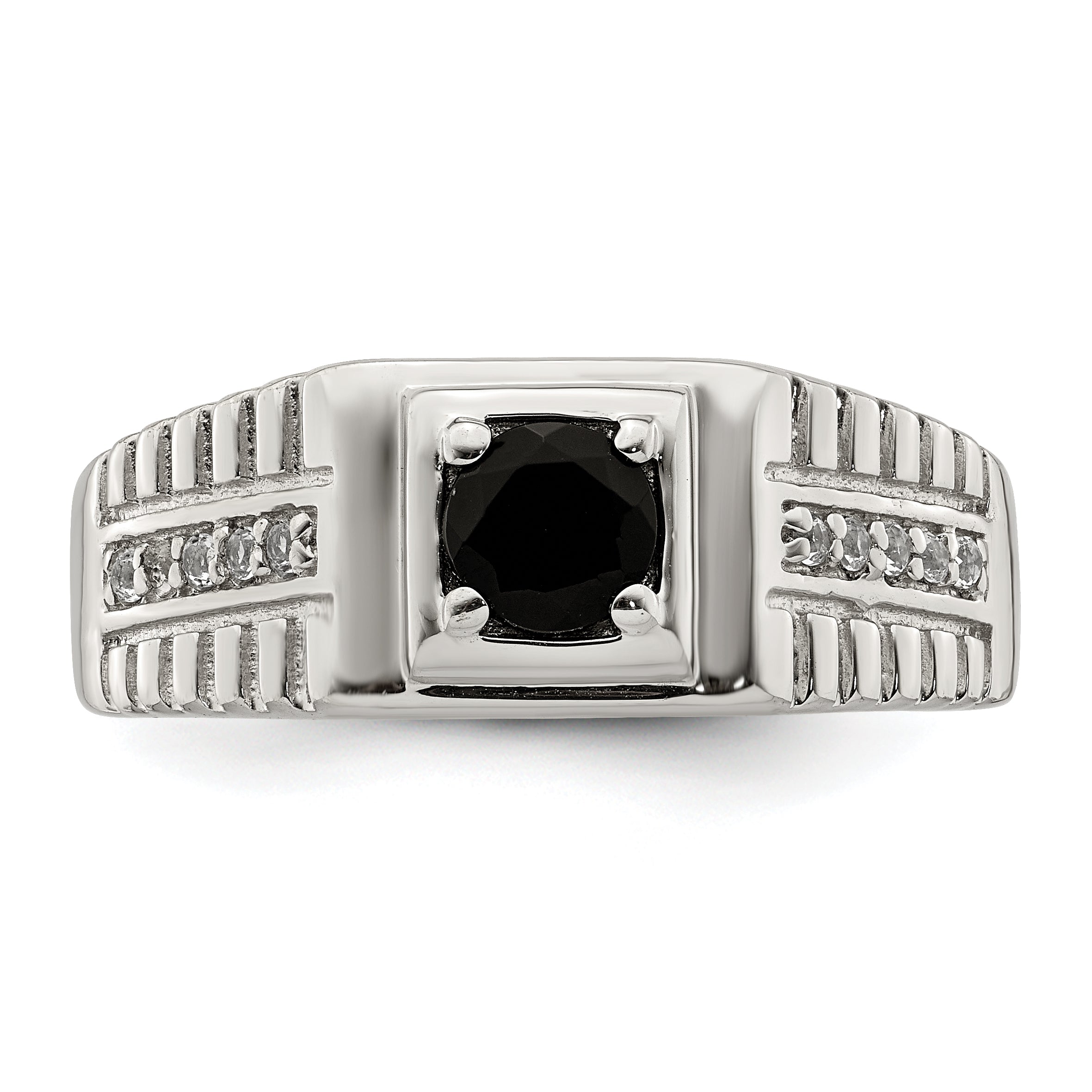 Sterling Silver Rhodium-plated Men's Onyx and White Topaz Ring