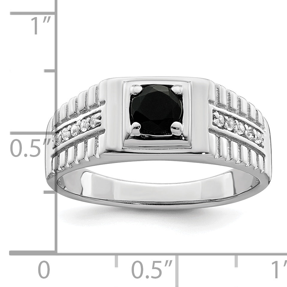 Sterling Silver Rhodium-plated Men's Onyx and White Topaz Ring