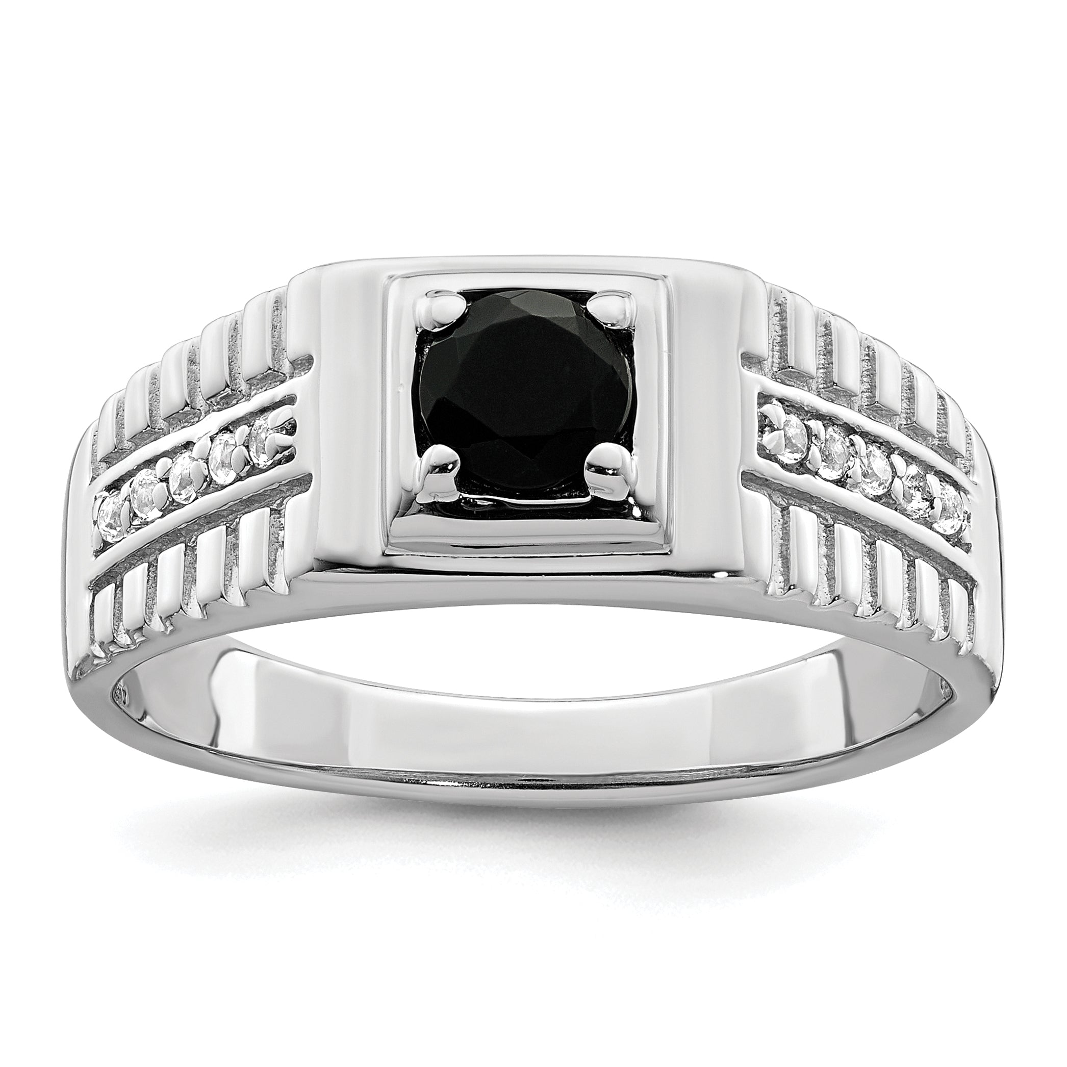 Sterling Silver Rhodium-plated Men's Onyx and White Topaz Ring