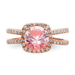 Sterling Silver Rose-tone Pink Center Nano Crystal & CZ Square Ring