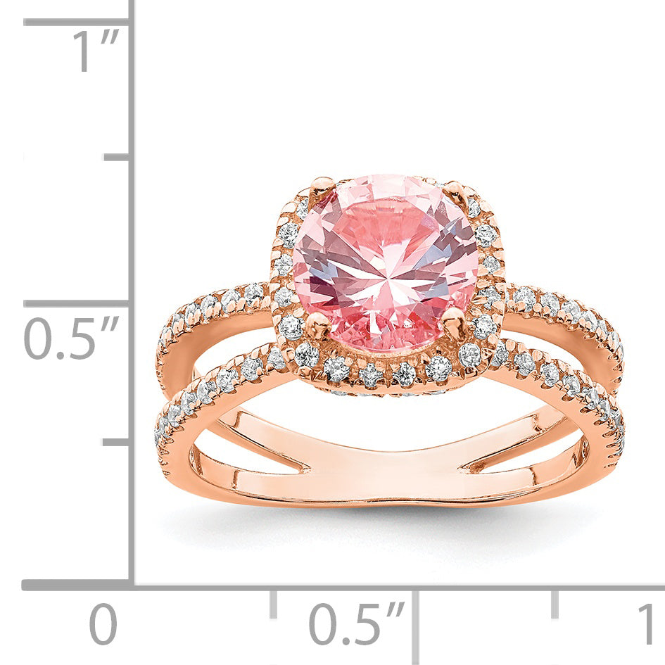 Sterling Silver Rose-tone Pink Center Nano Crystal & CZ Square Ring