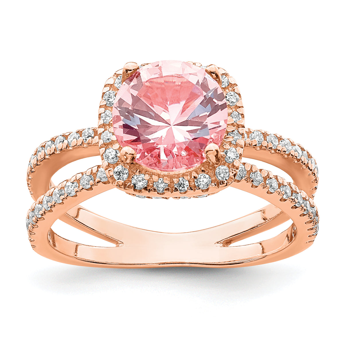 Sterling Silver Rose-tone Pink Center Nano Crystal & CZ Square Ring