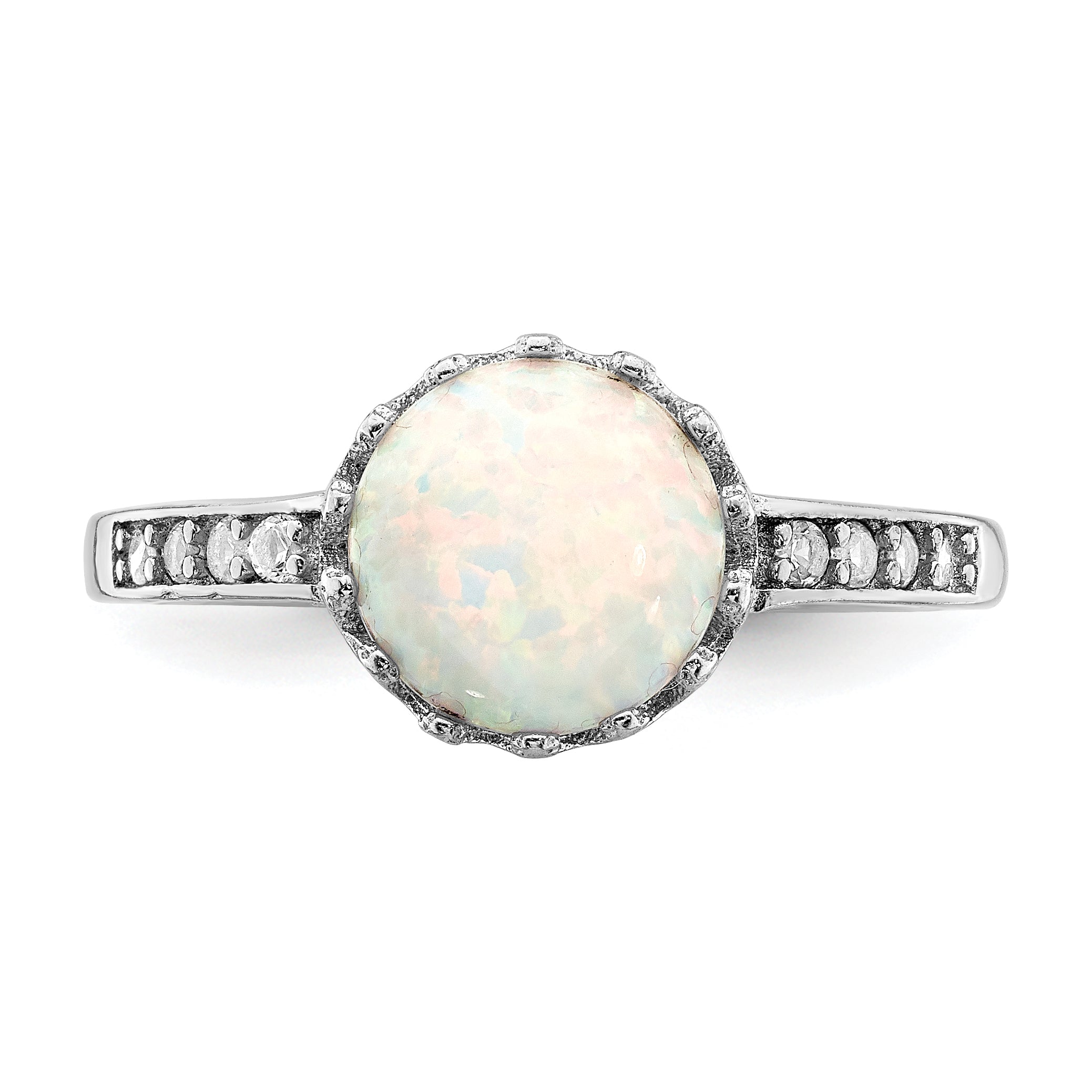 Sterling Silver Rhodium-plated Polished Created Opal and CZ Ring