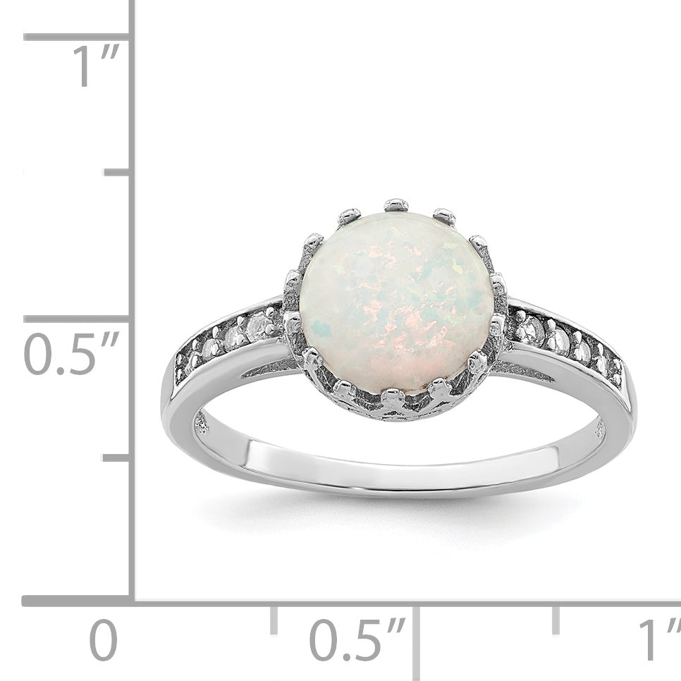 Sterling Silver Rhodium-plated Polished Created Opal and CZ Ring