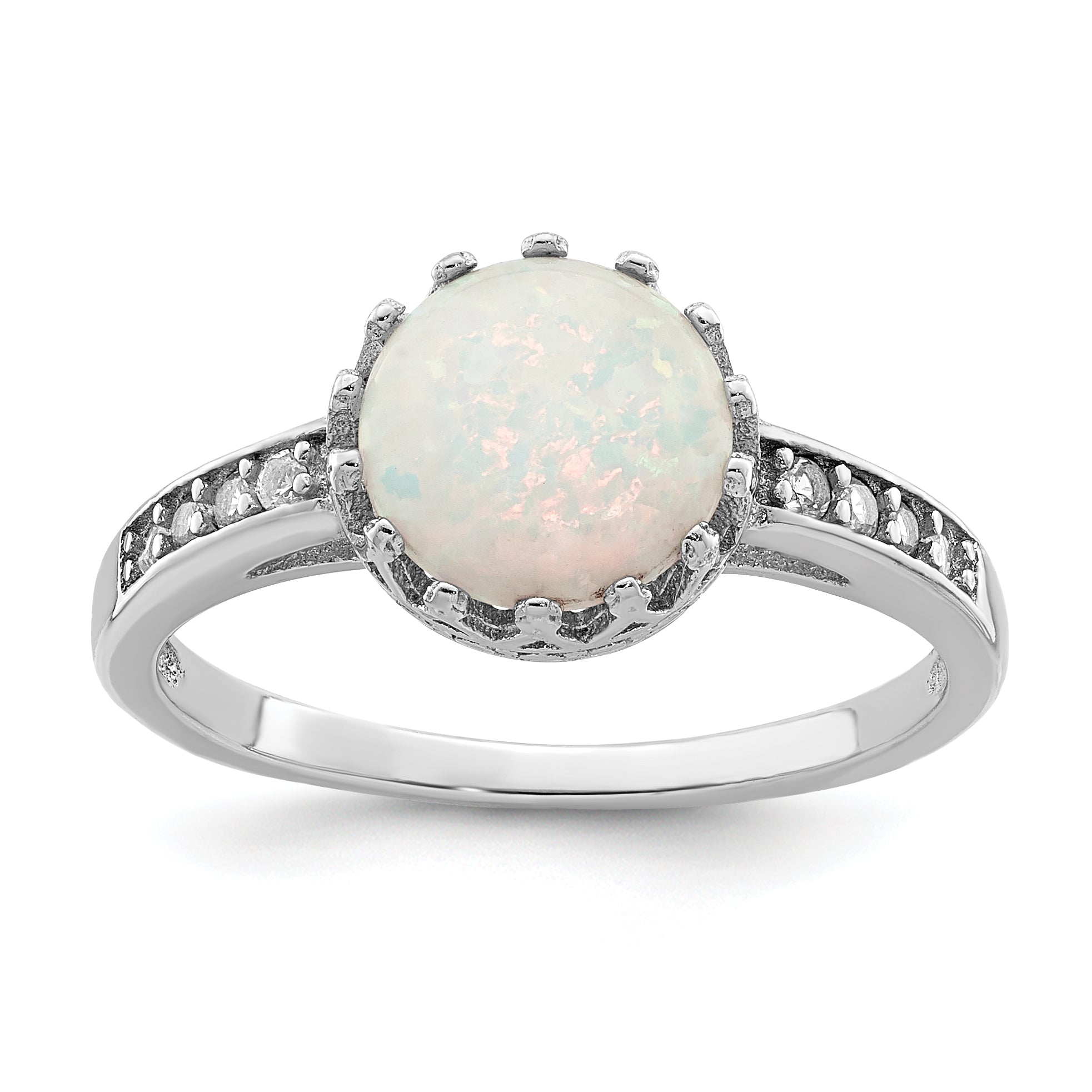 Sterling Silver Rhodium-plated Polished Created Opal and CZ Ring