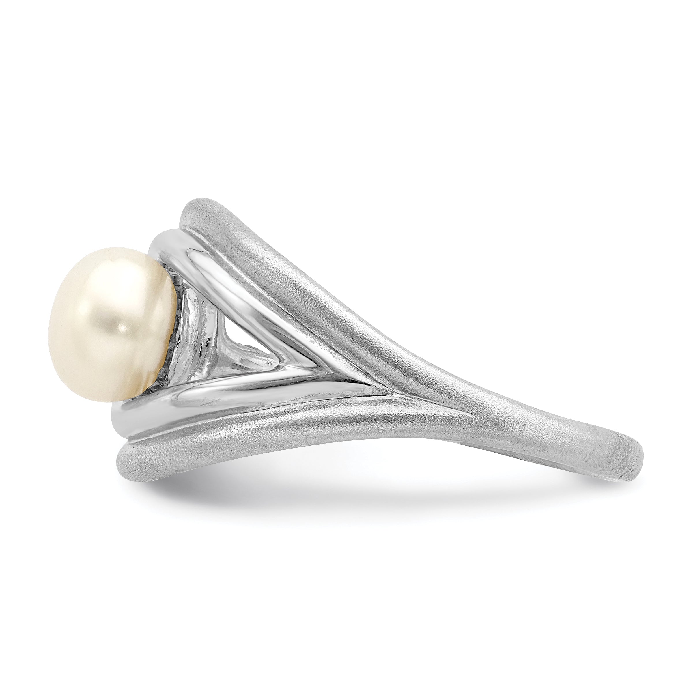 Sterling Silver Rhodium-plated Polished & Brushed (6-7mm) FWC Pearl Ring