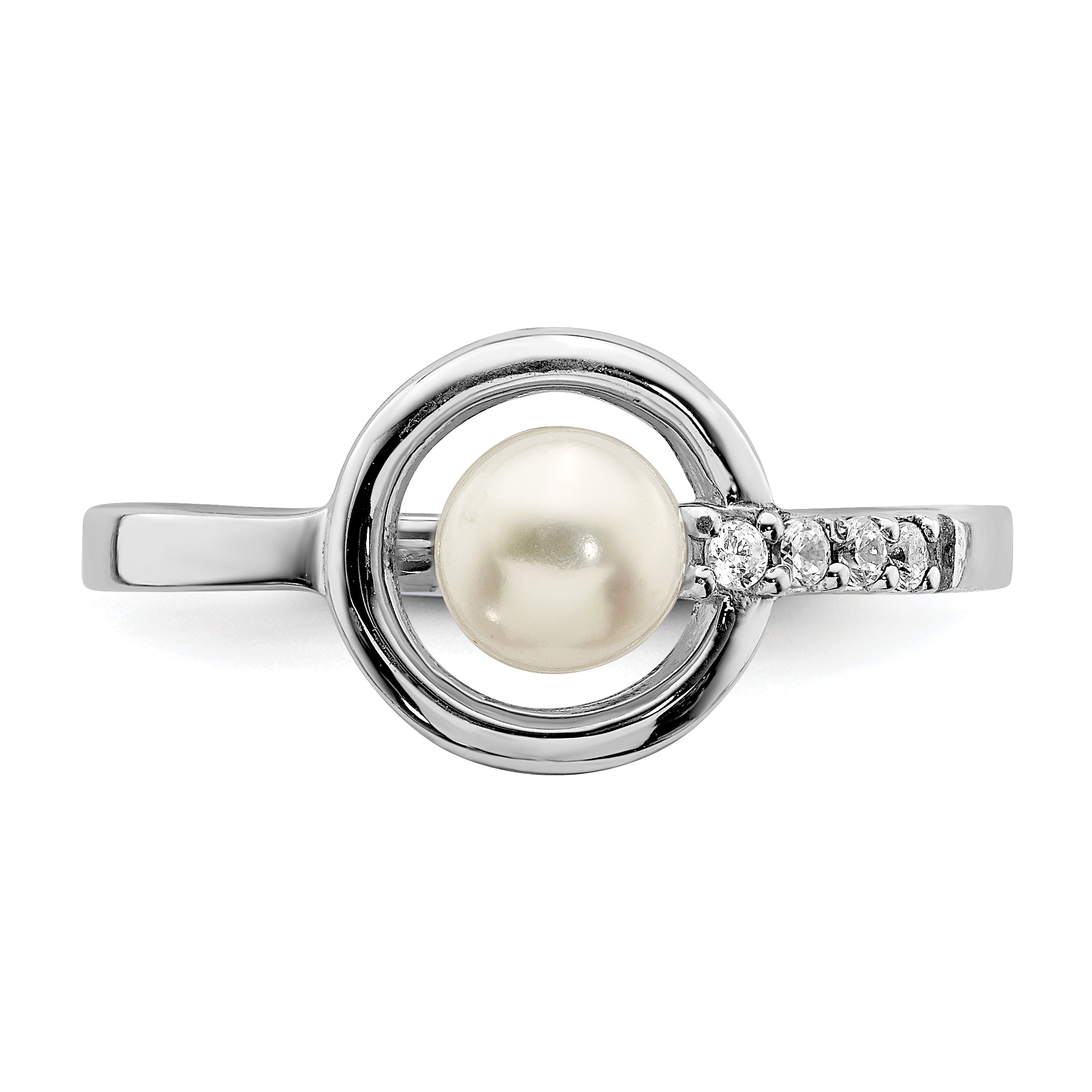 Sterling Silver Rhodium-plated CZ 5-6mm Button FWC Pearl in Circle Ring