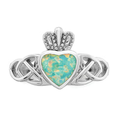 Sterling Silver Rhod-plated Lab Created Opal Celtic Knot Crown Ring