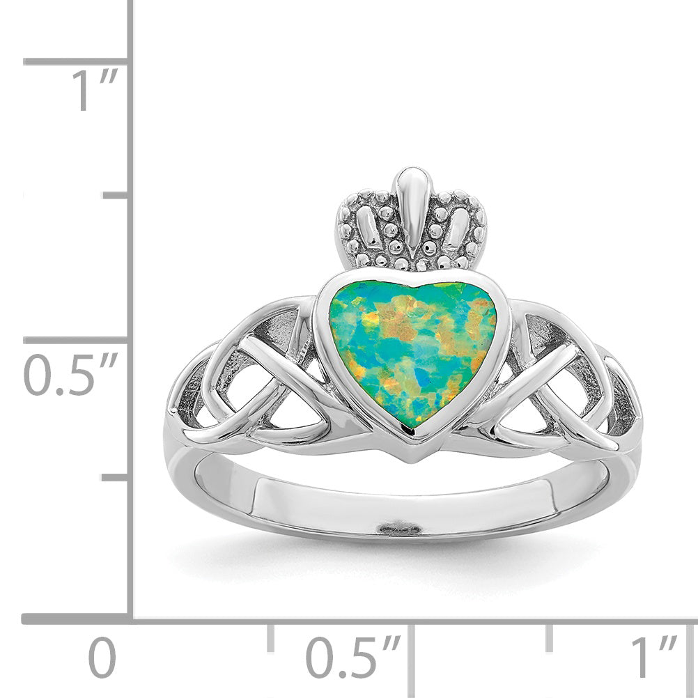 Sterling Silver Rhod-plated Lab Created Opal Celtic Knot Crown Ring