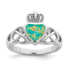 Sterling Silver Rhod-plated Lab Created Opal Celtic Knot Crown Ring