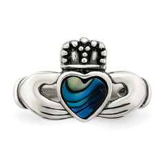 Sterling Silver Antiqued Abalone Inlay and Black Enamel Claddagh Ring