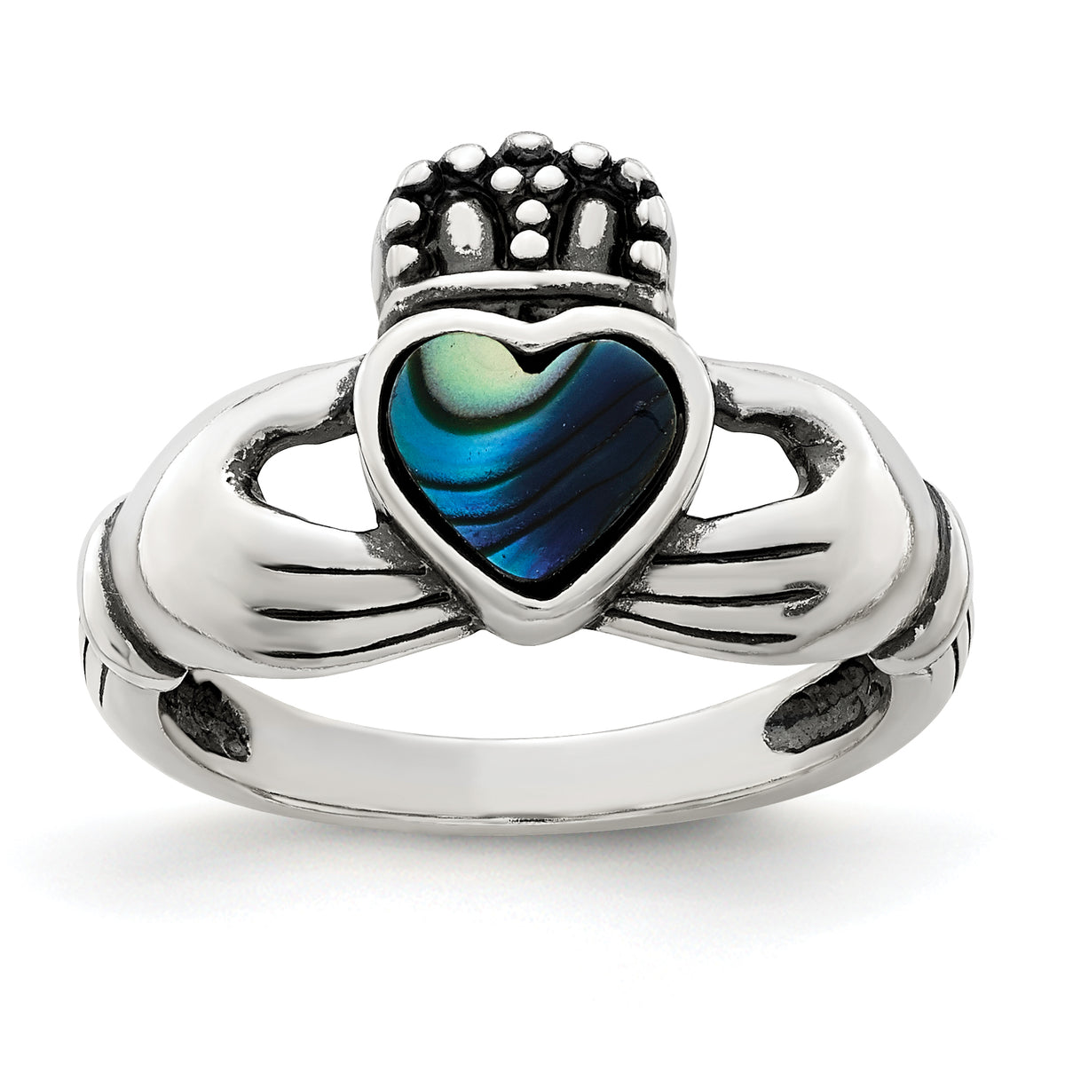 Sterling Silver Antiqued Abalone Inlay and Black Enamel Claddagh Ring