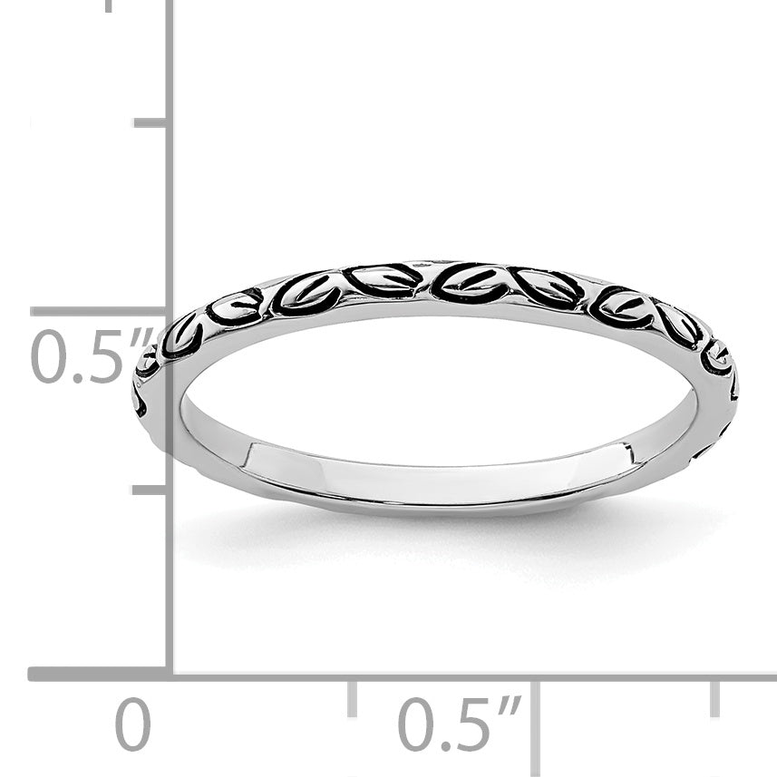 Sterling Silver Rhodium-plated Antiqued Leaf Band