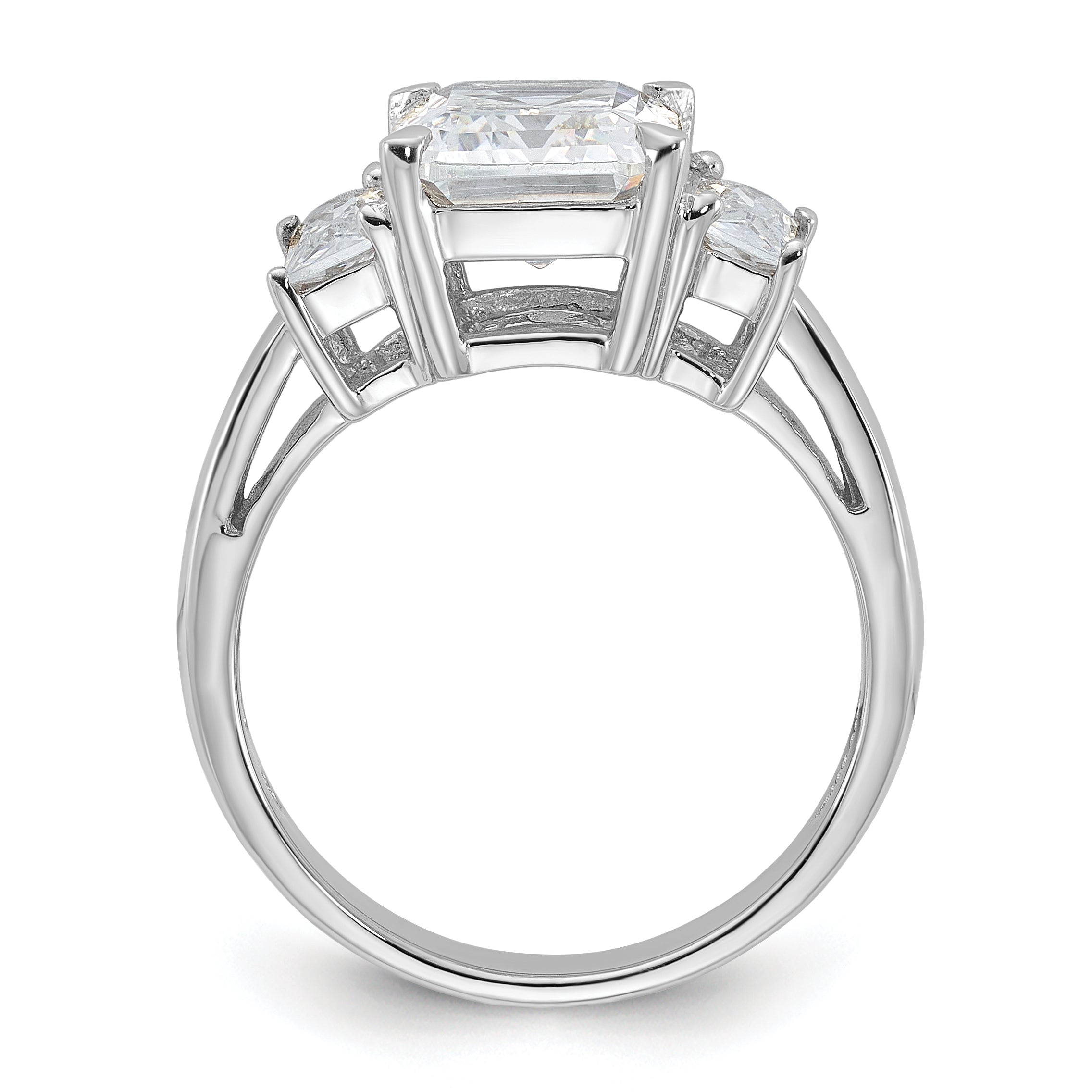 Sterling Silver Rhodium-plated Emerald-cut CZ 3-stone Ring