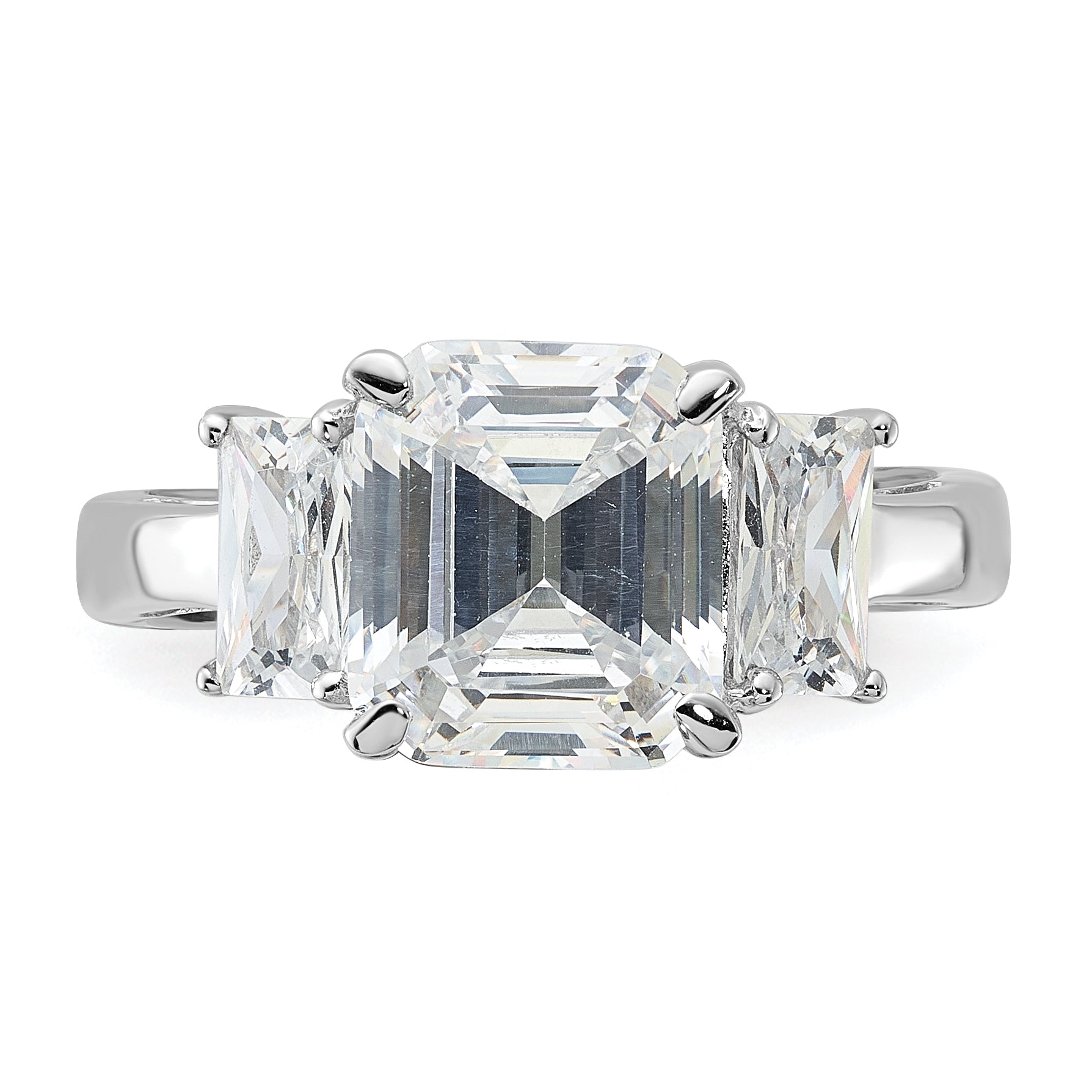 Sterling Silver Rhodium-plated Emerald-cut CZ 3-stone Ring