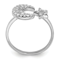 Sterling Silver Rhodium Plated CZ Star & Moon Ring