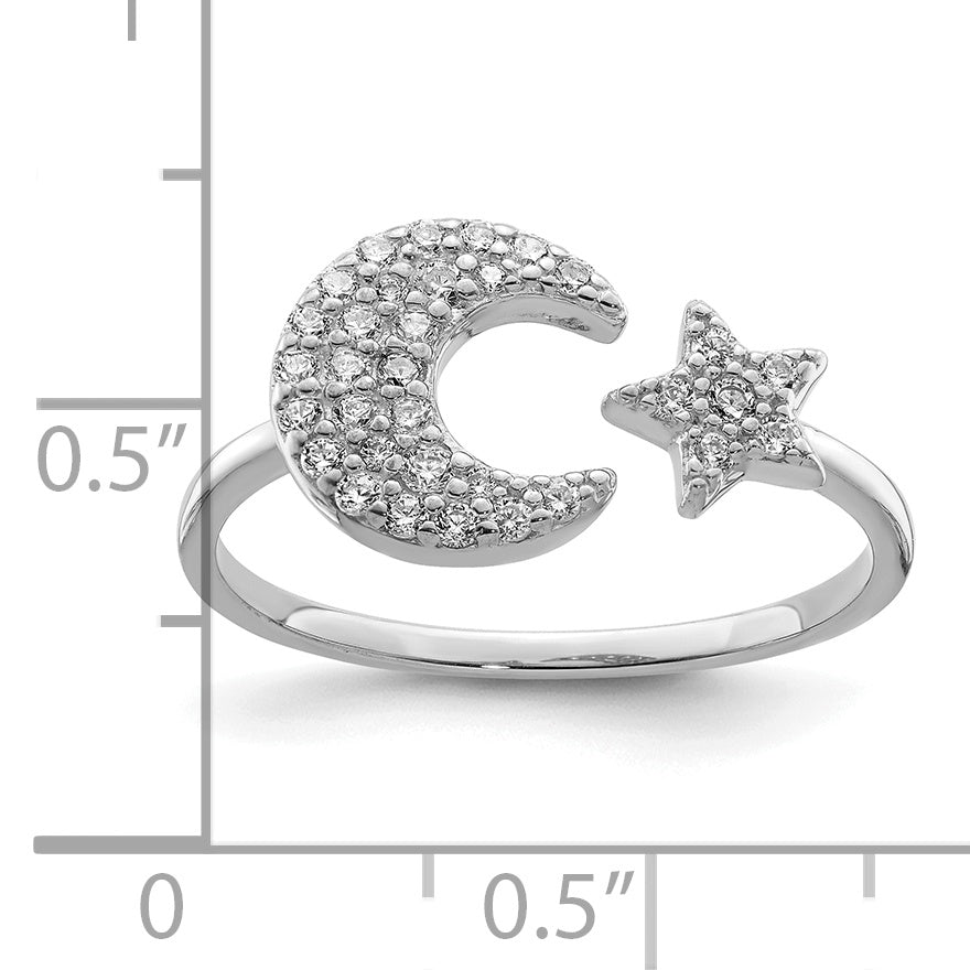 Sterling Silver Rhodium Plated CZ Star & Moon Ring