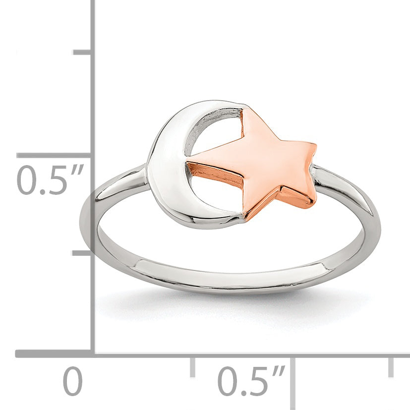 Sterling Silver Rose Tone Moon & Star Ring