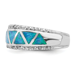 Sterling Silver Rhodium-plated Triangle Lab Created Blue Opal & CZ Ring