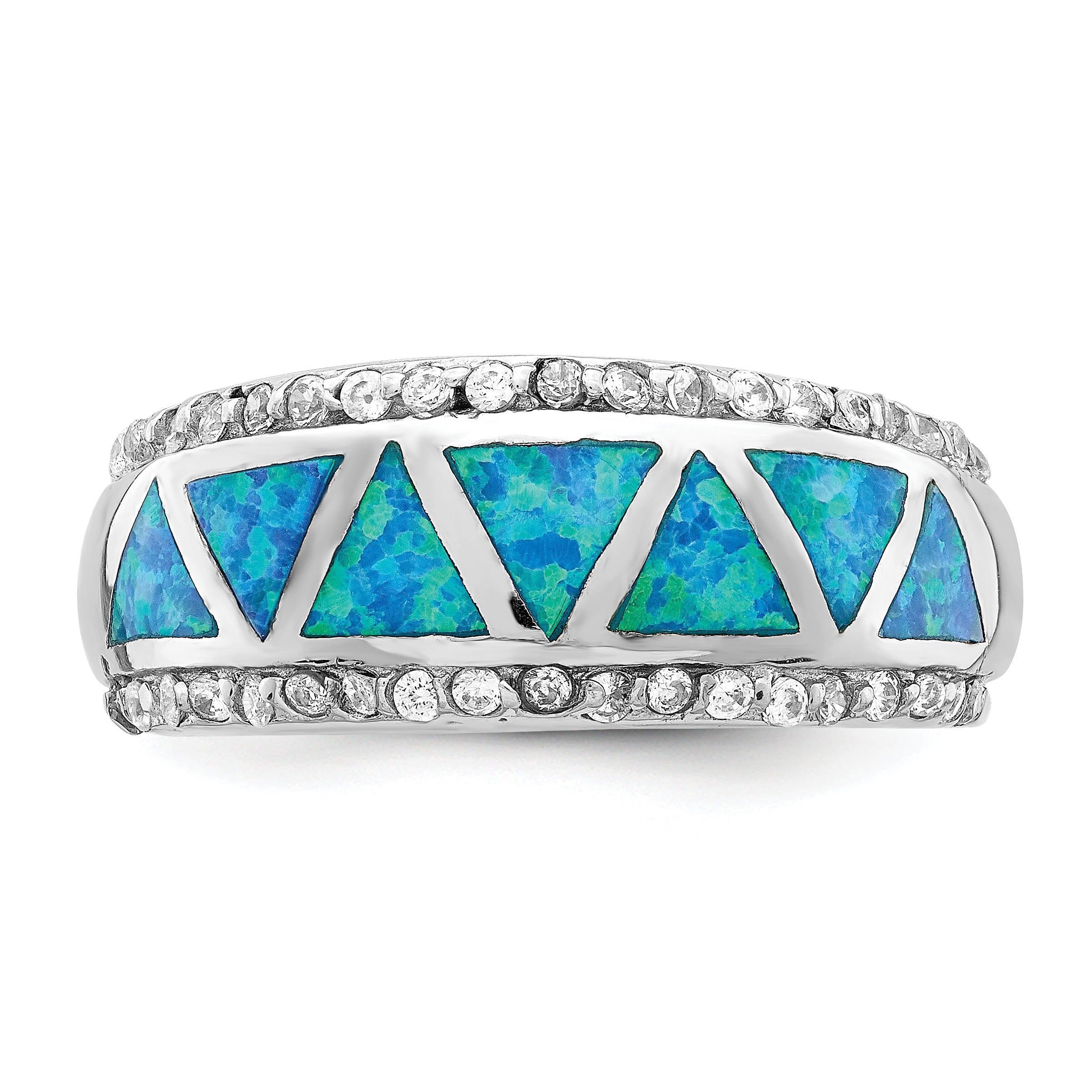 Sterling Silver Rhodium-plated Triangle Lab Created Blue Opal & CZ Ring