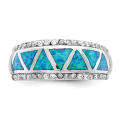 Sterling Silver Rhodium-plated Triangle Lab Created Blue Opal & CZ Ring