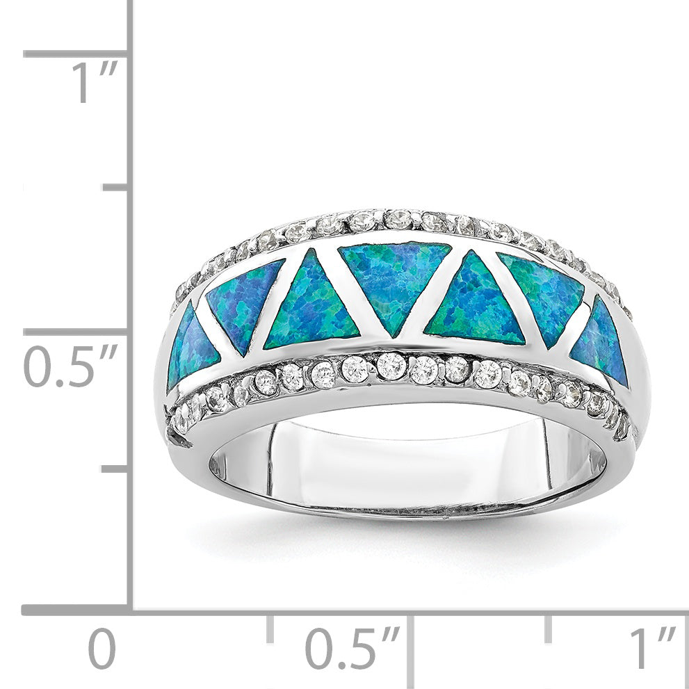 Sterling Silver Rhodium-plated Triangle Lab Created Blue Opal & CZ Ring