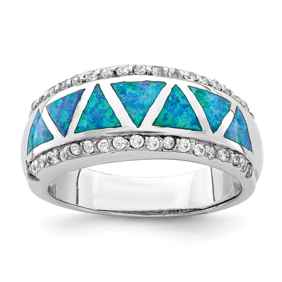 Sterling Silver Rhodium-plated Triangle Lab Created Blue Opal & CZ Ring