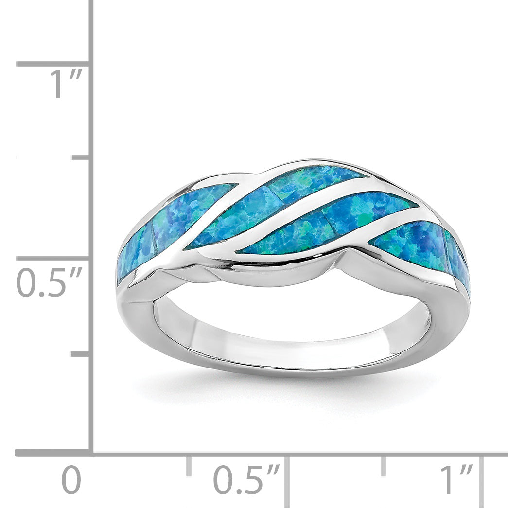 Sterling Silver Rhodium-plated Created Blue Opal Inlay Ring