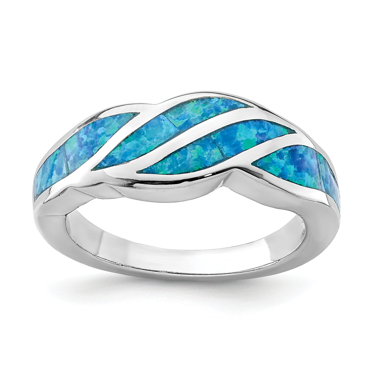 Sterling Silver Rhodium-plated Created Blue Opal Inlay Ring