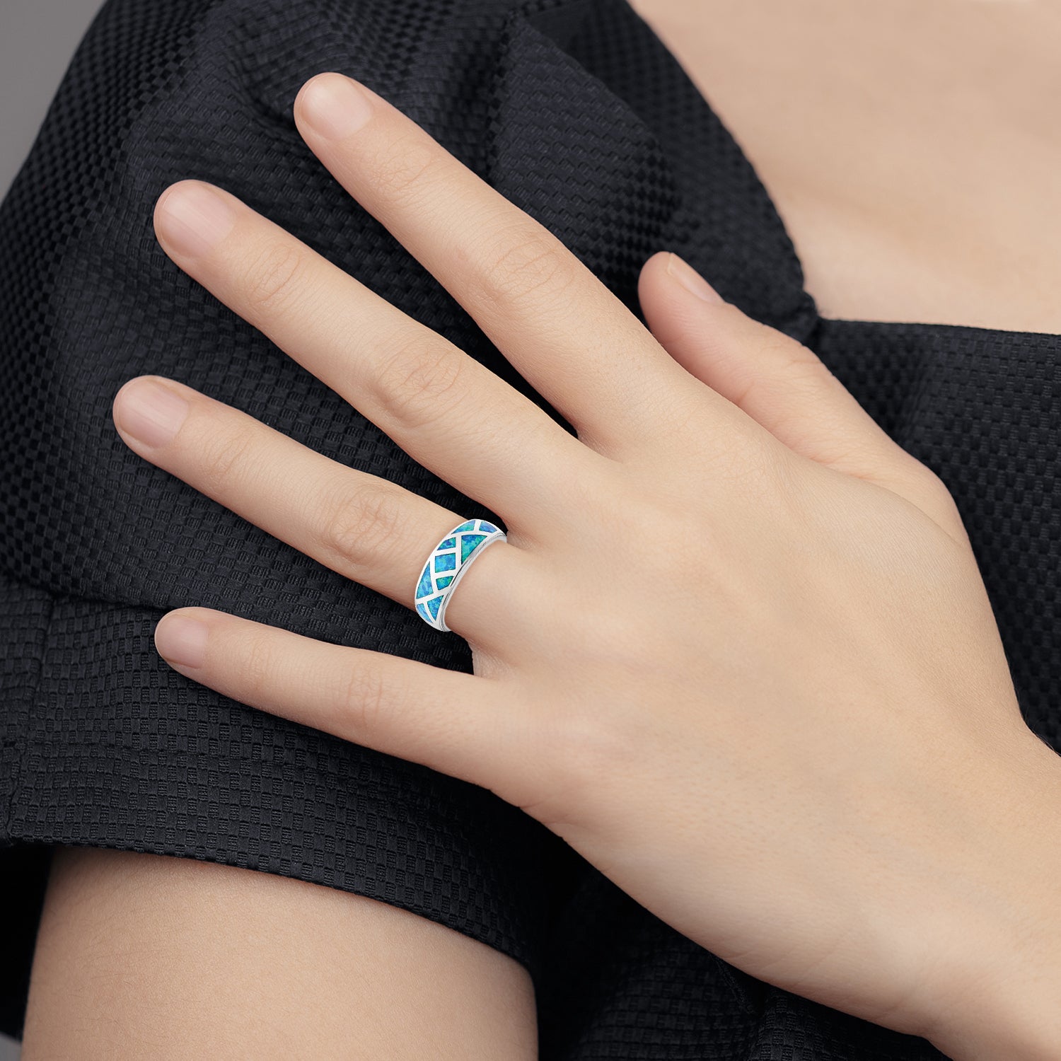 Sterling Silver Rhodium-plated Geometric Lab Created Blue Opal Ring