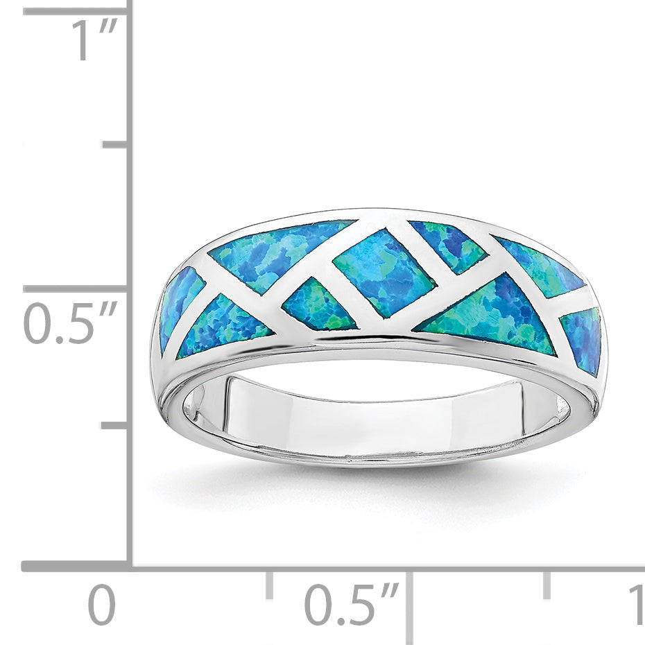 Sterling Silver Rhodium-plated Geometric Lab Created Blue Opal Ring