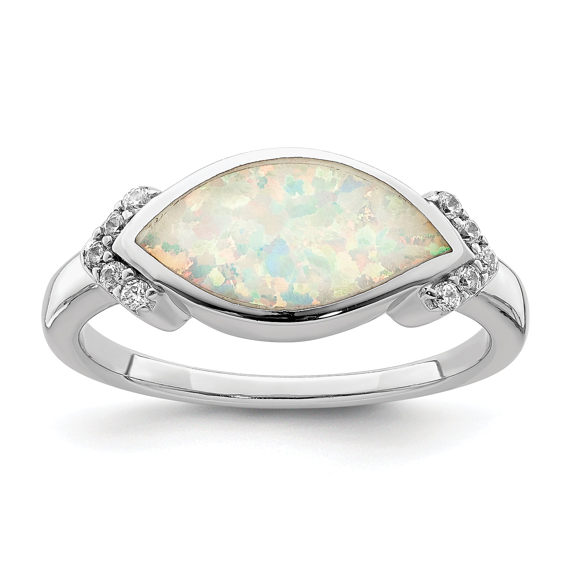 Sterling Silver Rhodium-plated Marquise Lab created Opal & CZ Ring