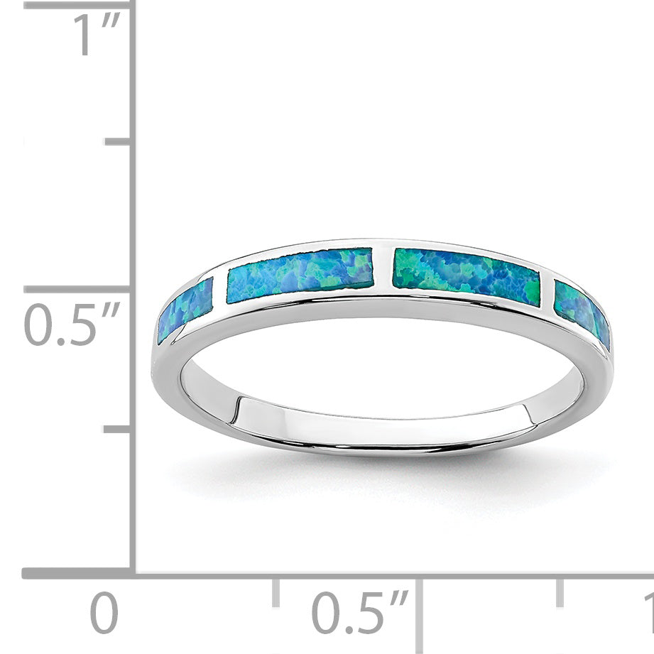 Sterling Silver Rhodium-plated Lab Created Blue Opal Inlay Band