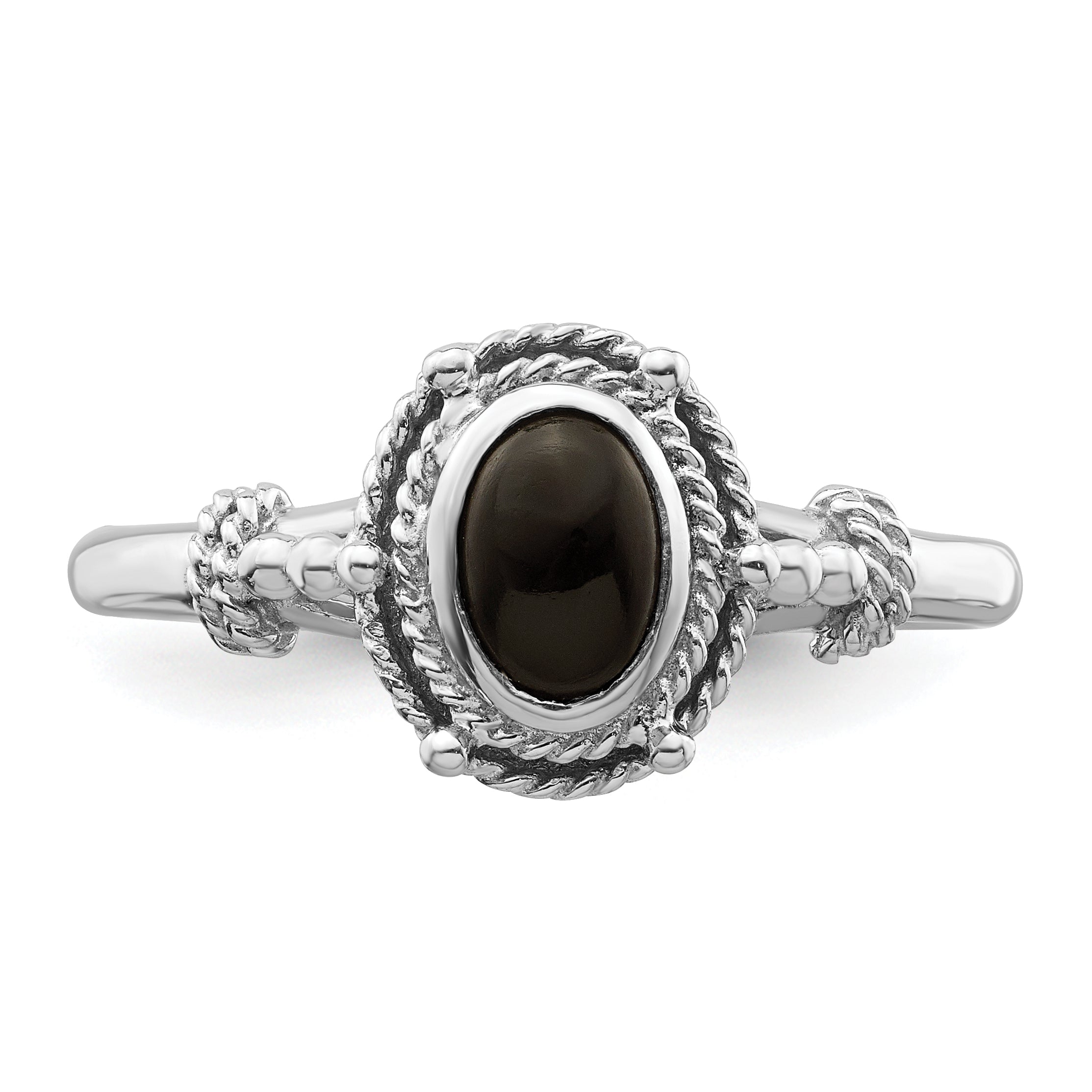 Sterling Silver Rhodium-plated with Black Oval Onyx Stone Ring