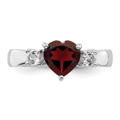 Sterling Silver Rhodium-plated Heart Garnet & White Topaz Ring