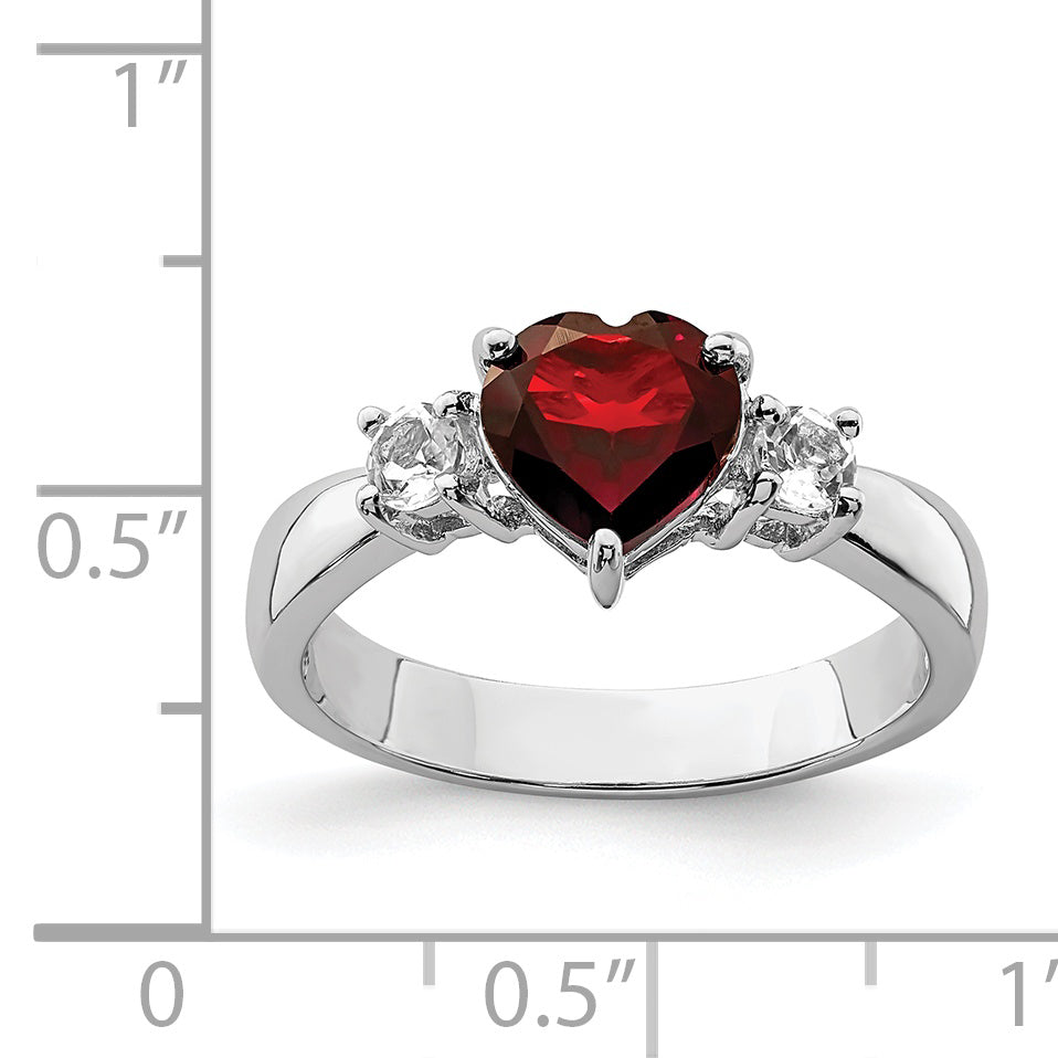 Sterling Silver Rhodium-plated Heart Garnet & White Topaz Ring