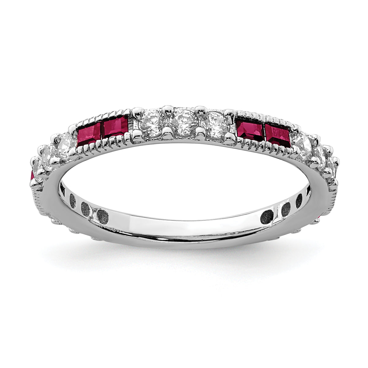 Sterling Silver Rhodium-plated Created Ruby and Round CZ Band