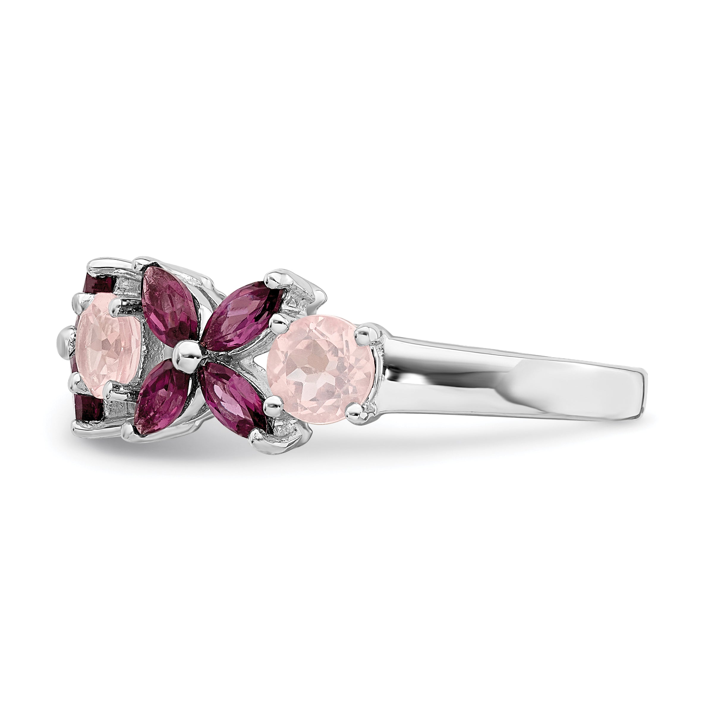 Sterling Silver Rhodium-plated Rose Quartz & Rhodolite Ring